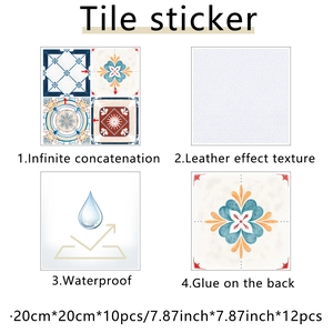 Detail showing waterproof leather-textured Mediterranean vintage tiles with floral patterns