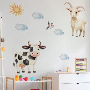 Cartoon animal wall stickers featuring a cow, goat, and sun for a bright nursery decor