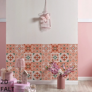 Detail of vintage marble pattern wall stickers with orange and blue geometric tile designs