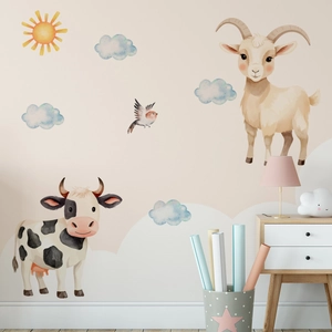 Detailed watercolor animal wall decals with cow, goat, and bird for a cozy nursery room