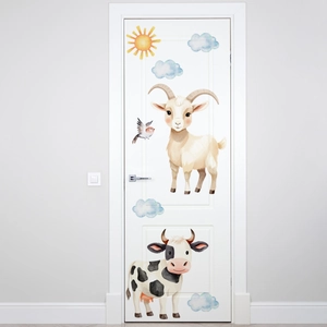 Detail of watercolor animal wall stickers showing a goat and cow on a white door