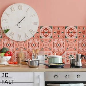 Detailed view of 2D vintage faux marble floral tile stickers on a kitchen backsplash