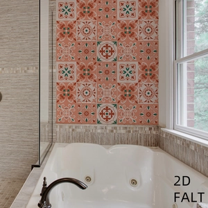 Bohemian orange and teal mandala tile stickers applied on bathroom wall above bathtub