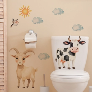 Watercolor animal wall stickers featuring goats and cows in a cozy nursery scene
