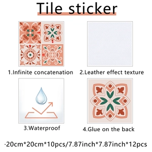Detail showing waterproof leather-textured tile stickers with orange and green patterns