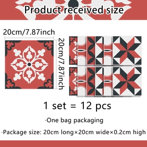 Detail of 12-piece retro marble pattern tile stickers in red, black and white color