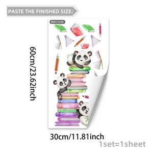 Detail view of cartoon panda and books wall sticker measuring 30x60cm for home decor