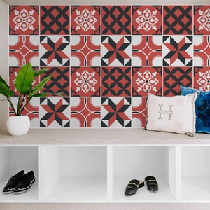 Close-up of matte self-adhesive marble pattern wall tiles with retro geometric floral design