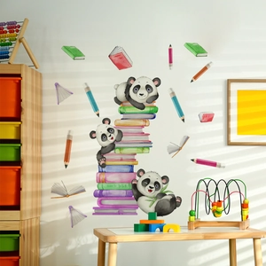 Detailed view of watercolor panda wall stickers with books in a sunny nursery room decor