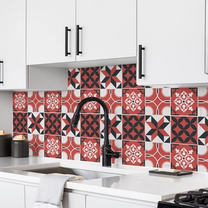 Detail of waterproof geometric marble tile stickers in red and black for kitchen backsplash