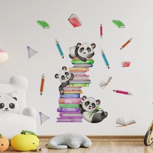 Artistic watercolor pandas with books and pencils wall decals for kids bedroom decor