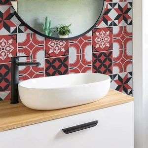Detailed view of Moroccan style tile stickers in bathroom with vintage geometric patterns