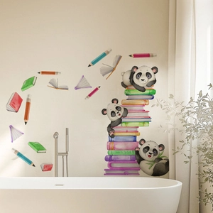 Detailed view of watercolor panda wall decals above a bathtub in a cozy bathroom setting