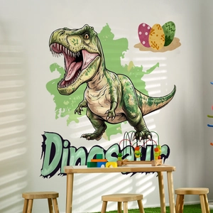 Cartoon green T-Rex wall sticker with dinosaur eggs for kids room wall decoration
