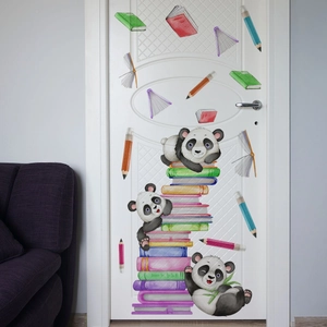 Detail of cartoon panda and watercolor books wall stickers applied on white bedroom door