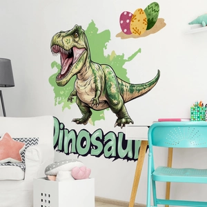 Cartoon green T-Rex dinosaur wall sticker set with decorative eggs for kids bedroom wall