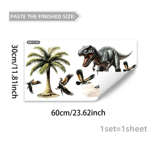 Detailed sheet layout of dinosaur wall decals with 30x60cm dimensions and palm tree