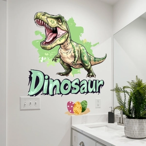 Detailed view of a green T-Rex dinosaur wall sticker with decorative eggs and text