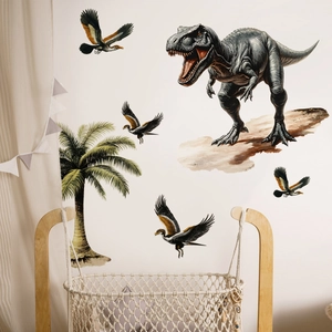 Detail of realistic dinosaur wall stickers with T-Rex, palm tree and flying pterosaurs