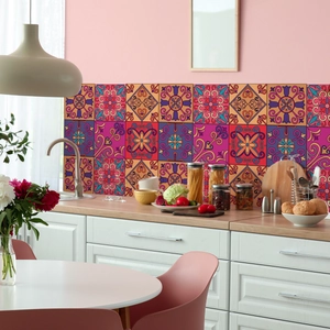 Detailed view of colorful mandala marble tiles on a modern kitchen backsplash wall