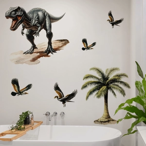 Realistic dinosaur wall stickers featuring T-Rex, Pterosaurs, and a tall palm tree