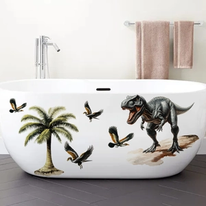 Detail of dinosaur and palm tree waterproof wall decals on a modern white bathtub