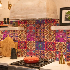 Detail of vintage mandala patterned tile stickers used for kitchen backsplash decor