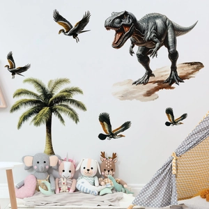 Detailed watercolor dinosaur wall decals featuring T-Rex and palm trees for kids bedroom