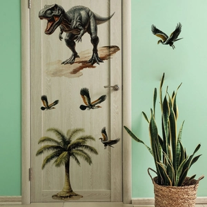 Detail of realistic dinosaur wall stickers with T-Rex and pterosaurs on a green wall