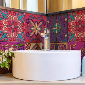 Close-up of mandala marble pattern wall stickers in bathroom with floral motifs