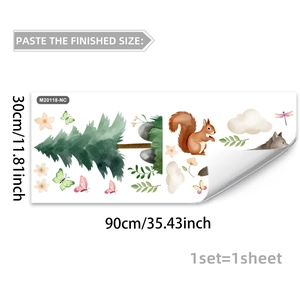 Detail view of 30x90cm watercolor forest wall stickers with squirrel and pine trees