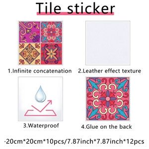 Detail of waterproof mandala tile stickers showing leather texture and self-adhesive backing
