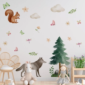 Detailed view of forest animals wall stickers with squirrel and wolf in nursery room