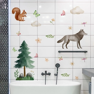 Watercolor forest animal wall decals featuring squirrels and pines on white bathroom tiles