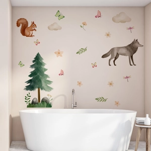 Detailed watercolor forest animals wall stickers with squirrels and trees for home decor