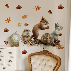 Detail of watercolor autumn squirrel and hedgehog wall decals for home decor