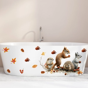 Detailed view of watercolor forest animals and autumn leaves waterproof bathtub stickers