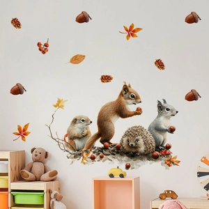 Detail of forest animal wall stickers with watercolor squirrels and hedgehog in nursery