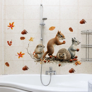 Detail of forest animal wall stickers with squirrel and hedgehog on bathroom tiles