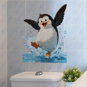 Detail of waterproof cartoon penguin wall sticker applied on bathroom tiles with water splash