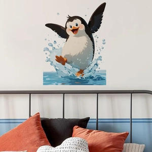 Detail of vibrant cartoon penguin wall sticker displayed over a bedroom headboard