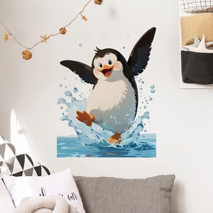 Detail of cartoon penguin wall sticker with blue water splashes for kids room decor