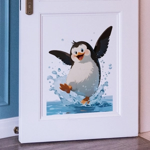 Close-up of a cartoon penguin wall sticker on a white door in a modern home interior