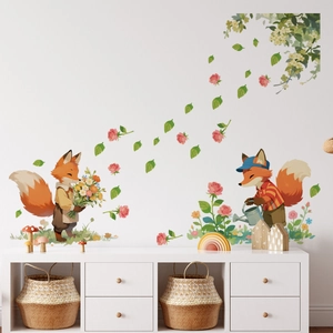 Detail of cute cartoon fox wall stickers with flowers for kid room home decoration