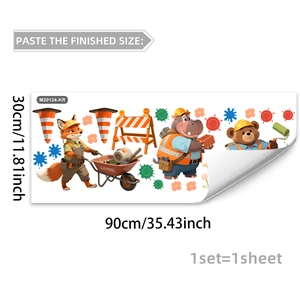 Detailed sheet of construction animal wall stickers featuring fox, hippo, and bear characters