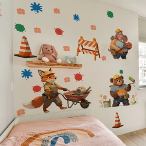 Cartoon animal building site wall stickers in a cozy nursery room setting