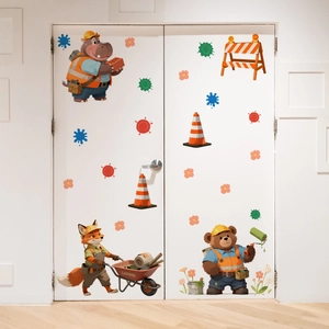 Detailed view of cartoon animal construction wall stickers on white door background