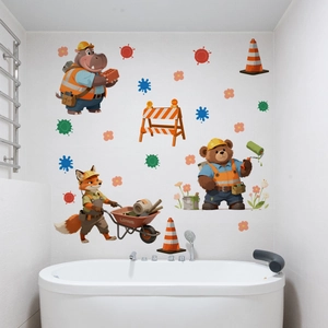 Detail view of construction animals wall stickers with hippo, fox and bear on bathroom wall