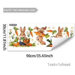 Detail view of cartoon rabbit and flower wall sticker sheet measuring 30x90cm in PVC