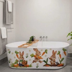Cute cartoon rabbit and carrot stickers decorating a white bathtub for bathroom decor
